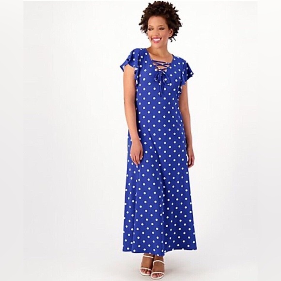Attitudes by Renee Petite Lace Front Maxi Dress Blue Polka Dot‎ PM - Picture 1 of 10